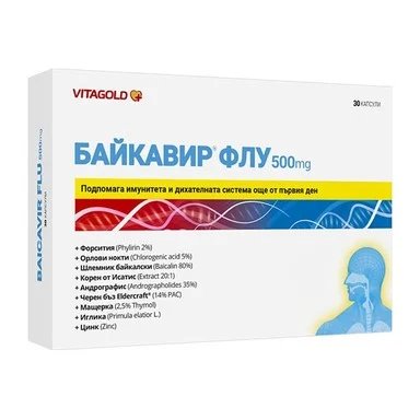 БАЙКАВИР ФЛУ 500МГ КАПС. Х 30 ВИТАГОЛД